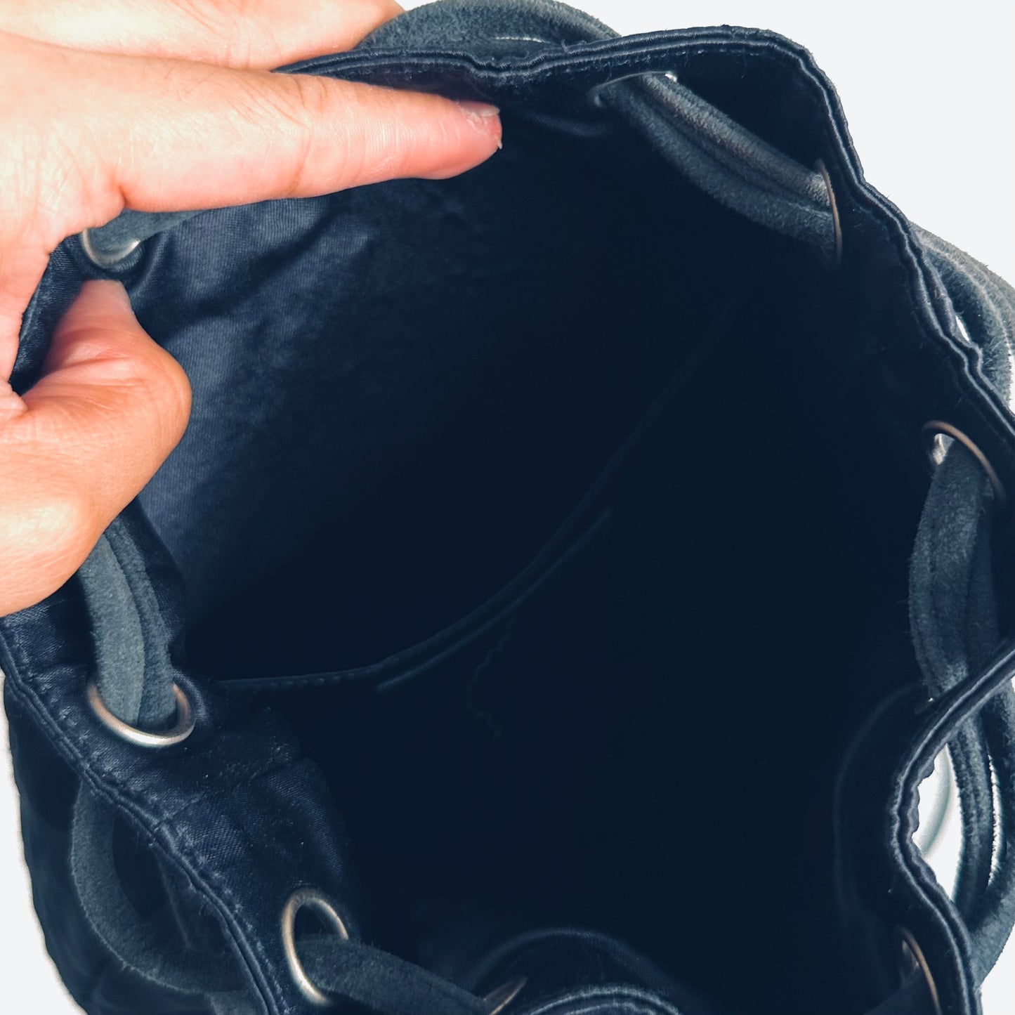 Chanel CC Navy Blue Monogram Logo Quilted Velvet Satin & Suede Bucket Drawstring Backpack Vintage Shoulder Sling Bag 6s