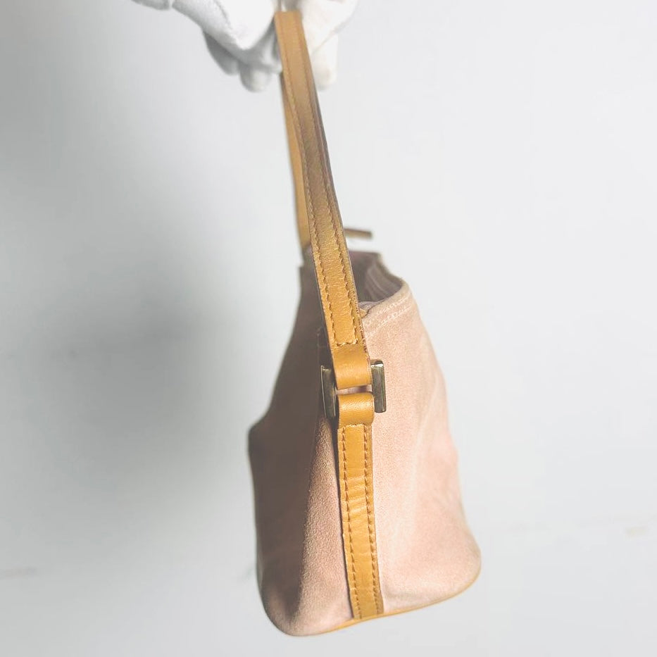 Gucci Blush Pink / Tan Suede Monogram Logo GHW Mini Pochette Accessories Hobo Shoulder Bag