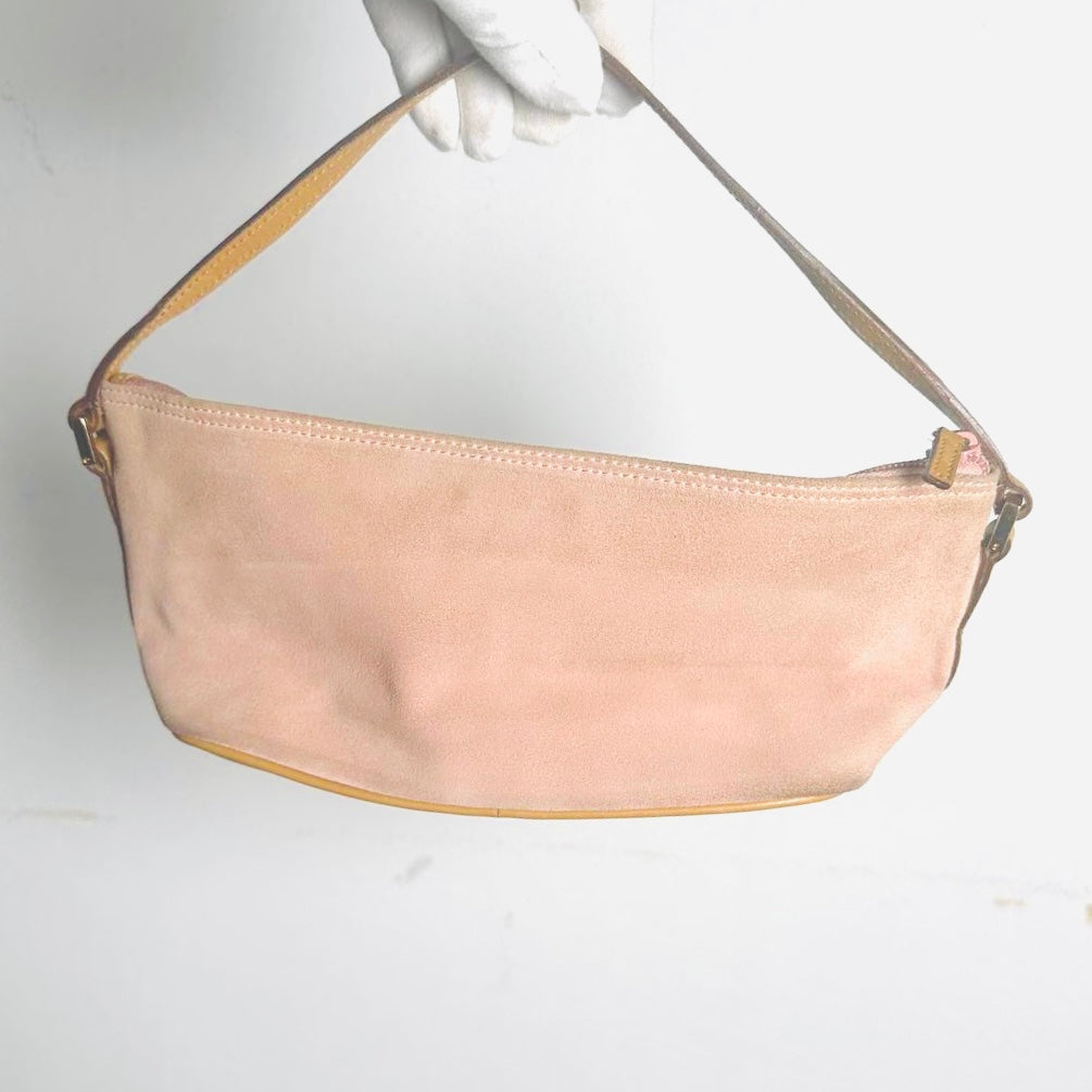 Gucci Blush Pink / Tan Suede Monogram Logo GHW Mini Pochette Accessories Hobo Shoulder Bag