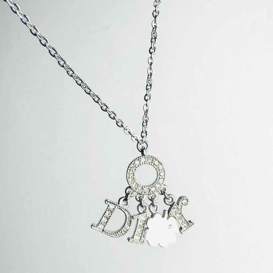 Christian Dior CD Giant Monogram Logo Charms & Clover Pendant Silver & Crystals Necklace