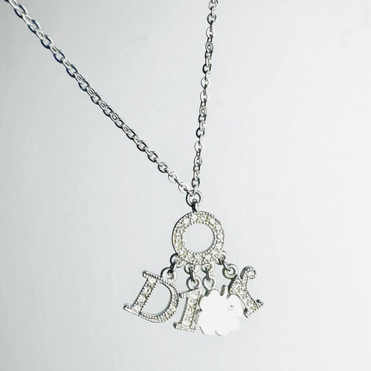 Christian Dior CD Giant Monogram Logo Charms & Clover Pendant Silver & Crystals Necklace