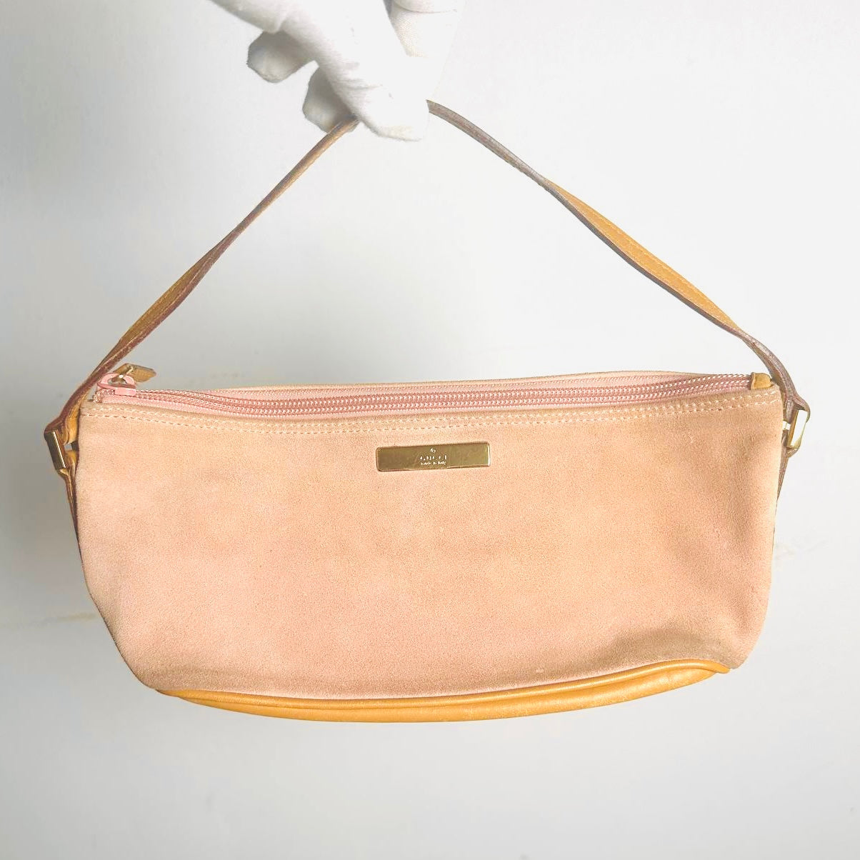 Gucci Blush Pink / Tan Suede Monogram Logo GHW Mini Pochette Accessories Hobo Shoulder Bag