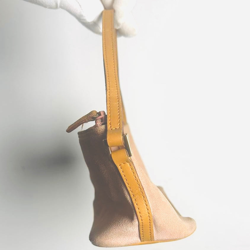 Gucci Blush Pink / Tan Suede Monogram Logo GHW Mini Pochette Accessories Hobo Shoulder Bag