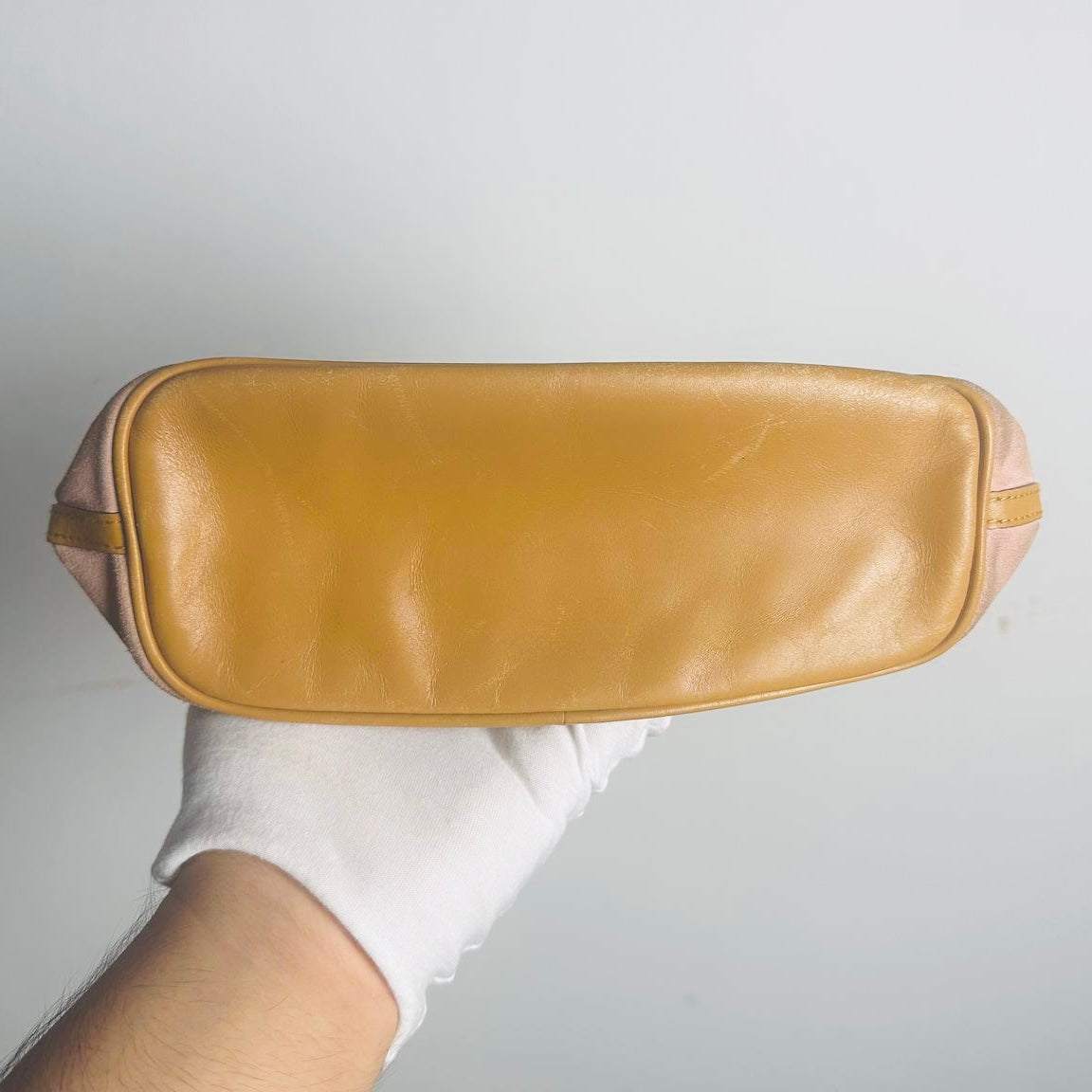 Gucci Blush Pink / Tan Suede Monogram Logo GHW Mini Pochette Accessories Hobo Shoulder Bag