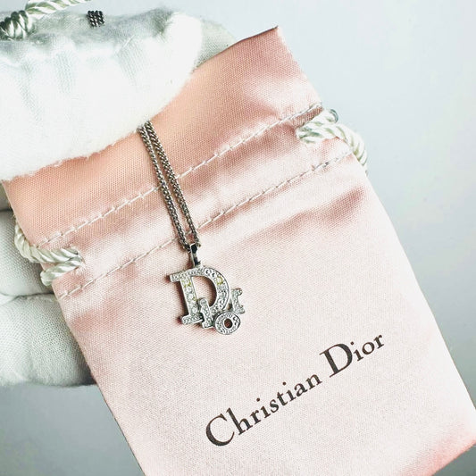 Christian Dior CD Giant Monogram Logo Signature Silver & Crystals Vintage Pendant Necklace
