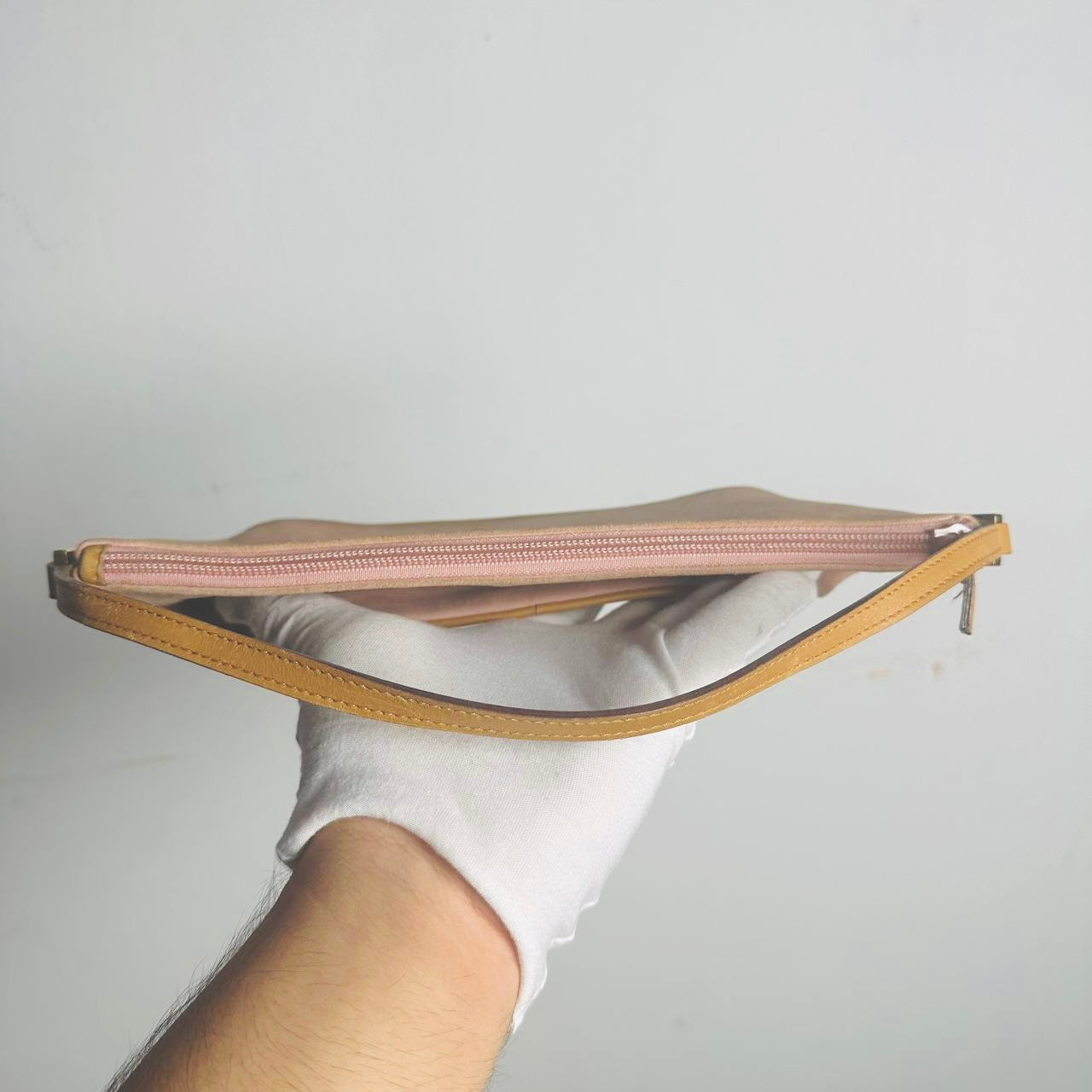 Gucci Blush Pink / Tan Suede Monogram Logo GHW Mini Pochette Accessories Hobo Shoulder Bag