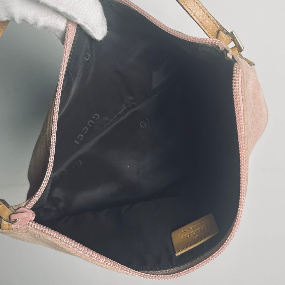 Gucci Blush Pink / Tan Suede Monogram Logo GHW Mini Pochette Accessories Hobo Shoulder Bag