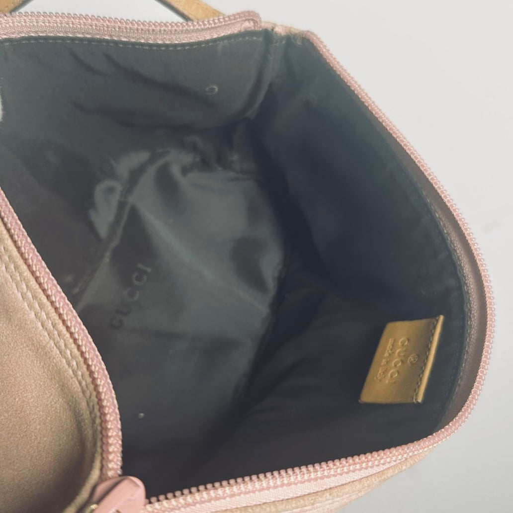 Gucci Blush Pink / Tan Suede Monogram Logo GHW Mini Pochette Accessories Hobo Shoulder Bag
