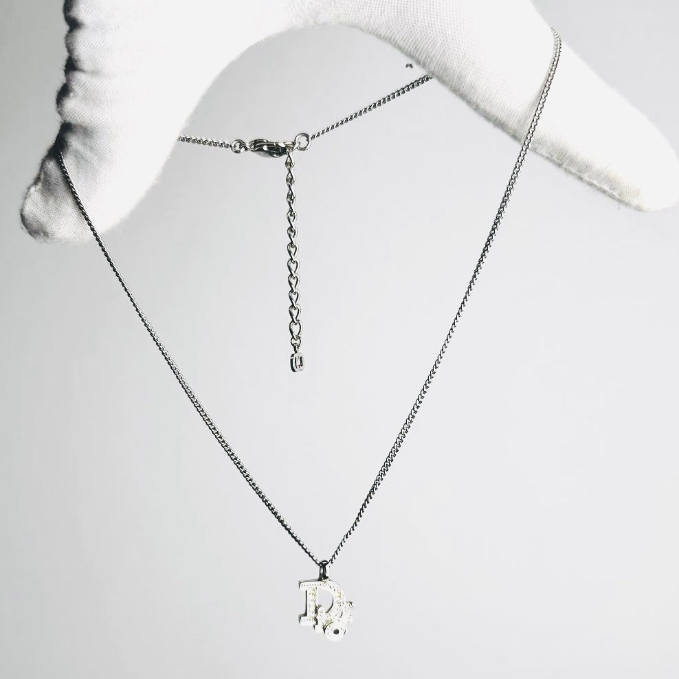 Christian Dior CD Giant Monogram Logo Signature Silver & Crystals Vintage Pendant Necklace