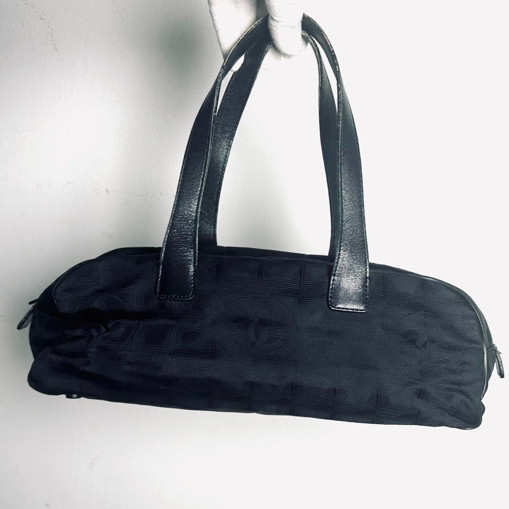 Chanel Black Travel Line East West Quilted Jacquard CC Monogram Logo Shoulder Shopper Boston Tote Bag 7s