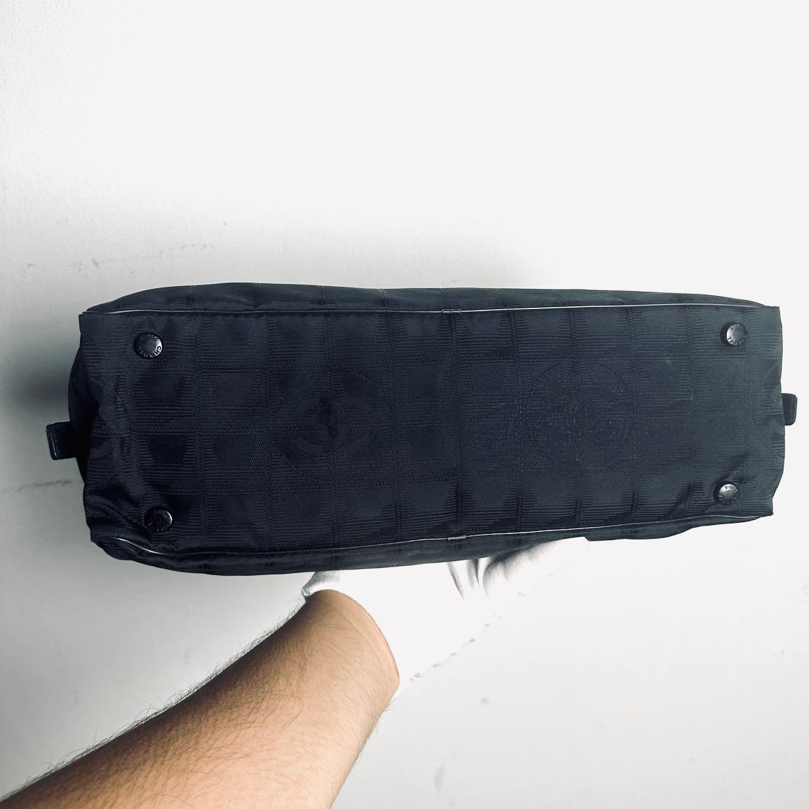 Chanel Black Travel Line East West Quilted Jacquard CC Monogram Logo Shoulder Shopper Boston Tote Bag 7s