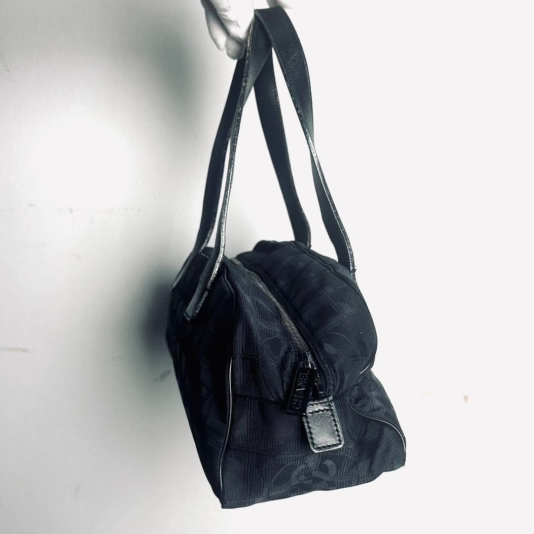 Chanel Black Travel Line East West Quilted Jacquard CC Monogram Logo Shoulder Shopper Boston Tote Bag 7s