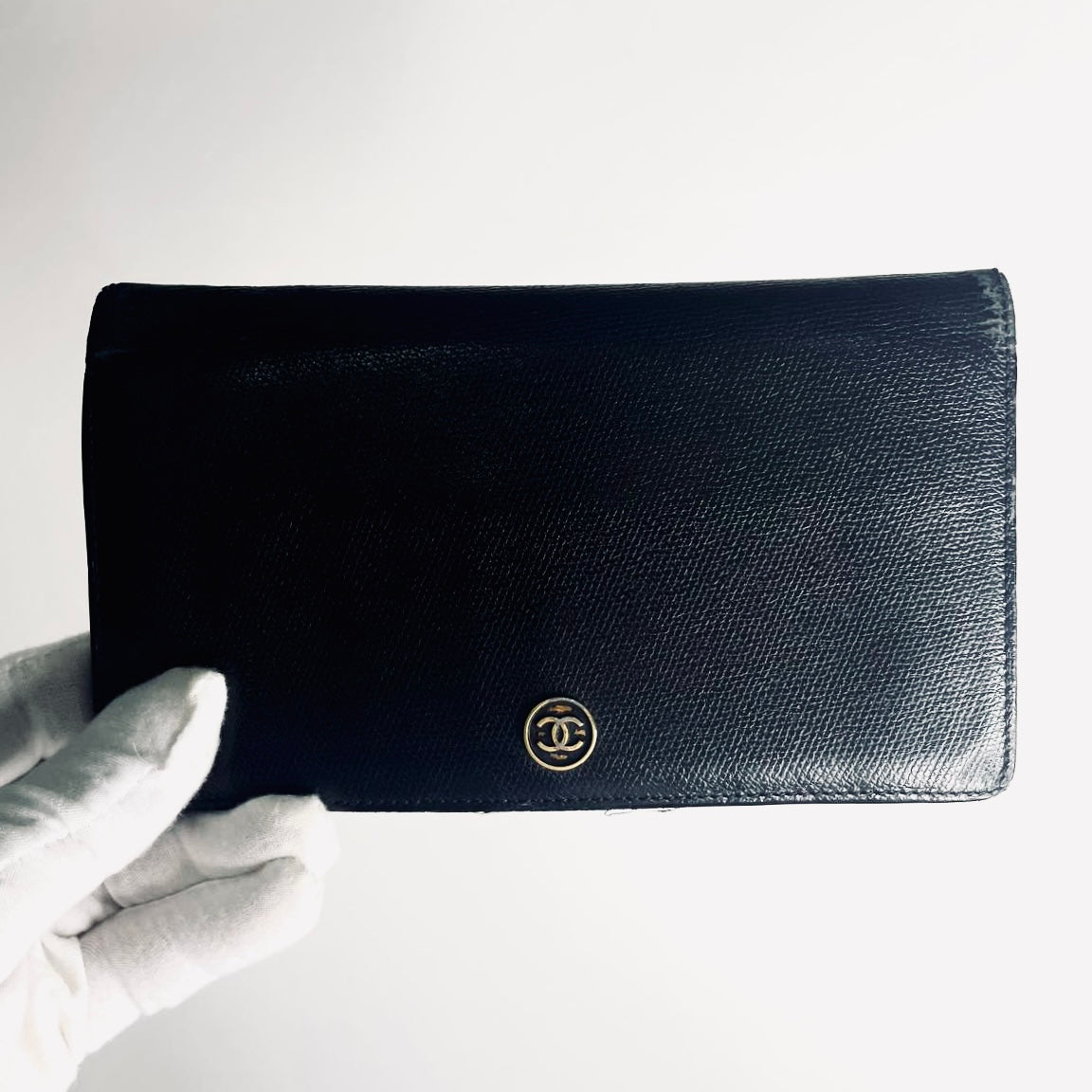Chanel Black GHW CC Logo Grained Calfskin Leather Vintage Bifold Flap Long Wallet 10s