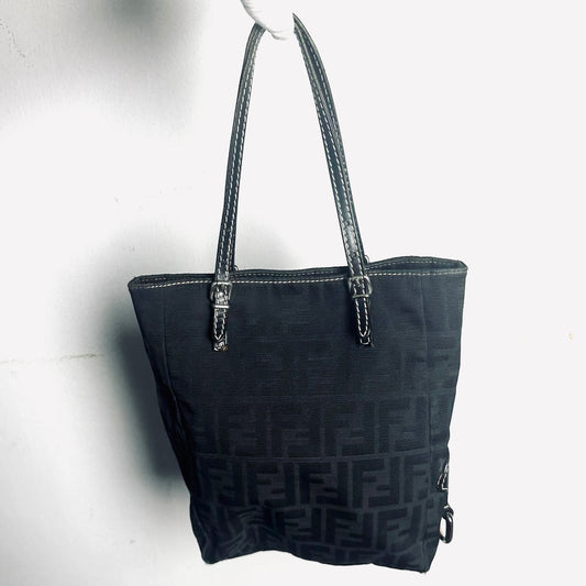 Fendi Black Zucca FF Monogram Logo Shopper Shoulder Tote Bag