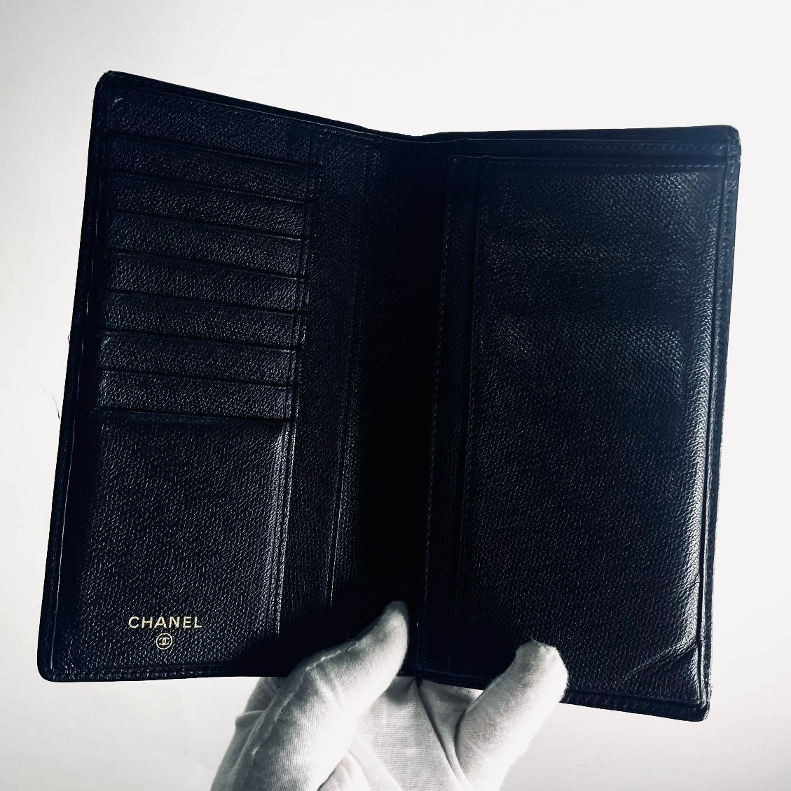 Chanel Black GHW CC Logo Grained Calfskin Leather Vintage Bifold Flap Long Wallet 10s