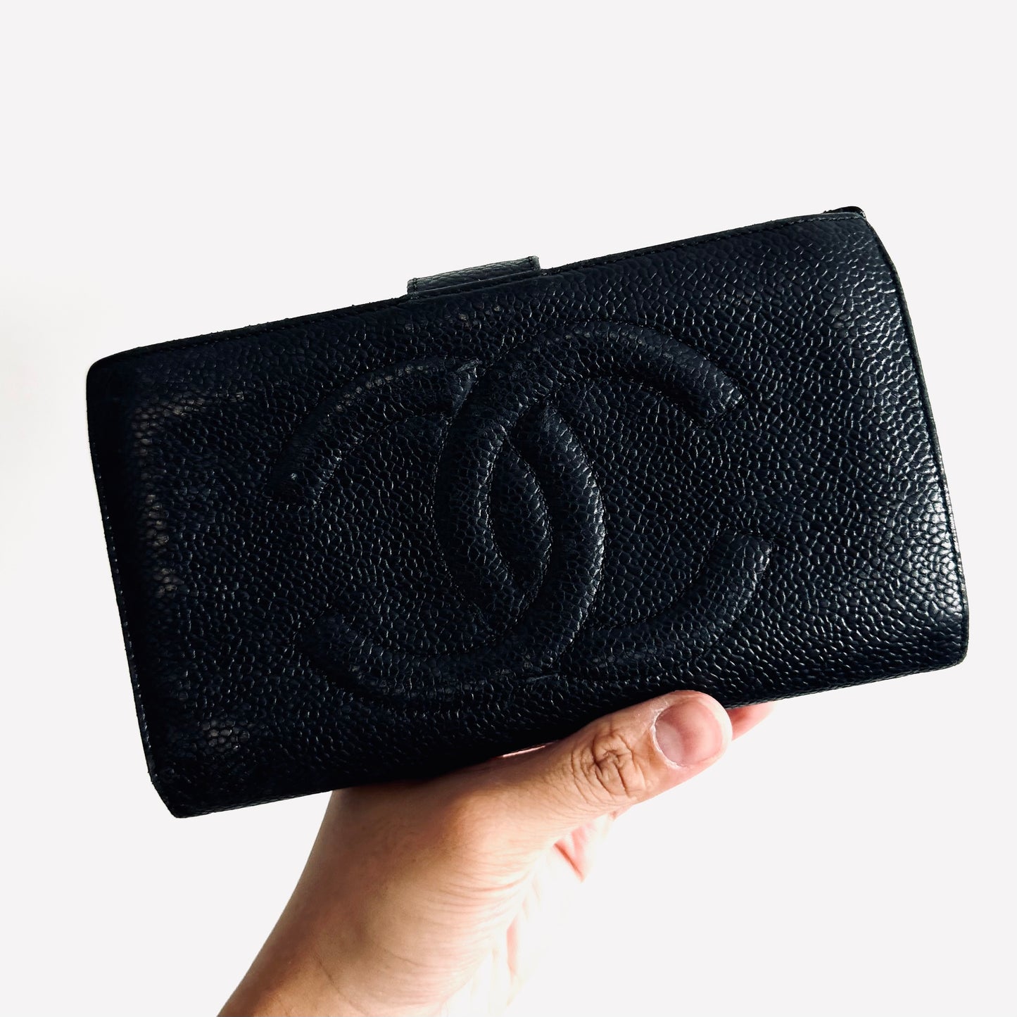 Chanel Black GHW Giant CC Logo Vintage Long Flap Bifold Wallet 3s