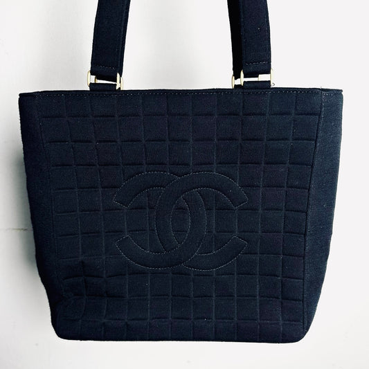 Chanel Black GHW Giant CC Monogram Logo Chocolate Bar Quilted Jersey Fabric Vintage Shopper Shoulder Tote Bag 7s