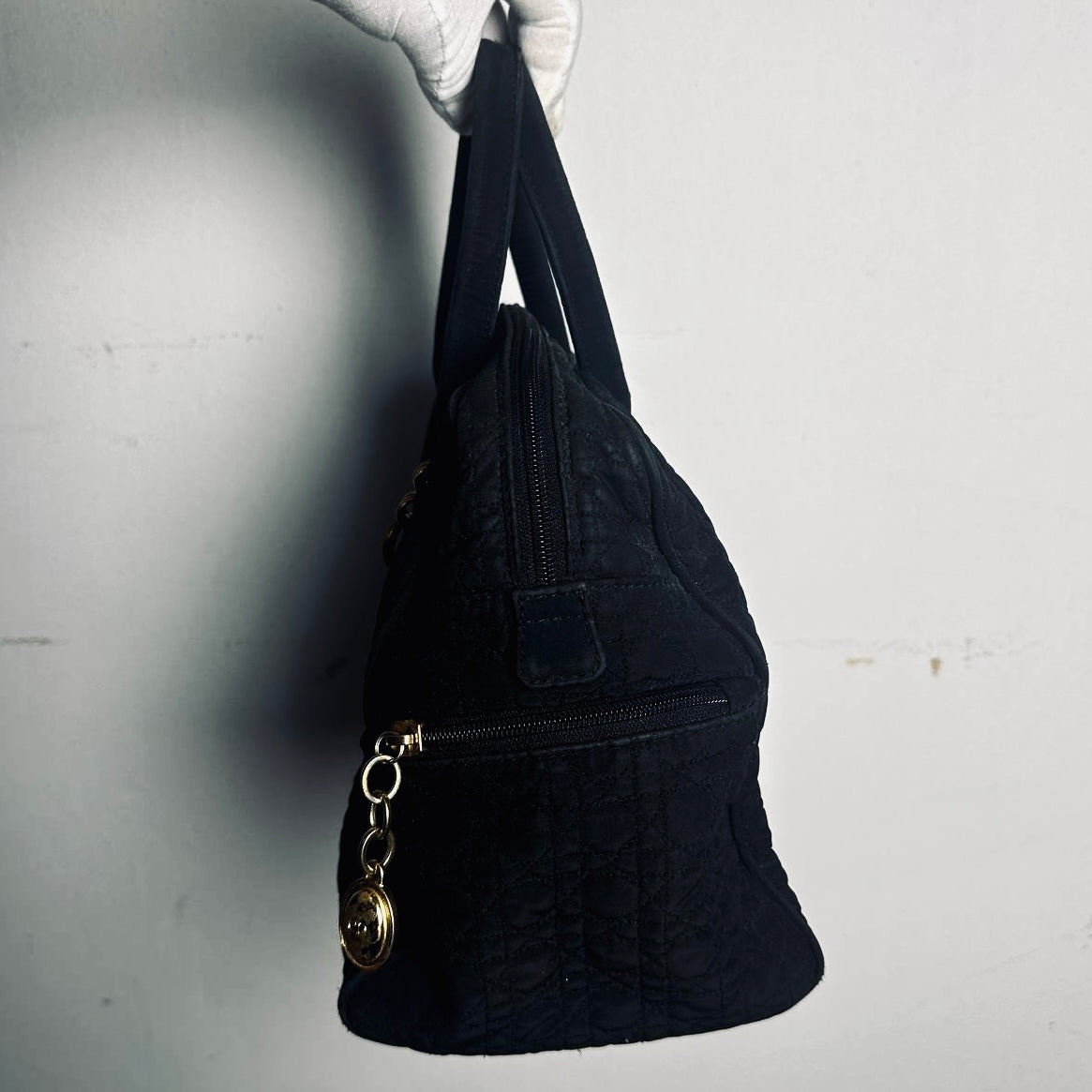 Christian Dior CD Black GHW Lady Dior Cannage Quilted Nylon Top Handle Boston Shopper Tote Bag