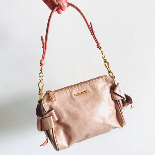 Miu Miu Pale Pink GHW Leather Classic Logo 2-Way Roller Hobo Shoulder Baguette Sling Bag