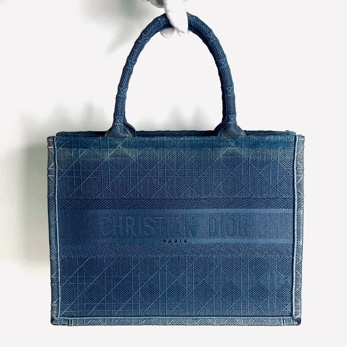 Christian Dior CD Blue Cannage Quilted Embroidery Monogram Logo Medium Book Tote Bag