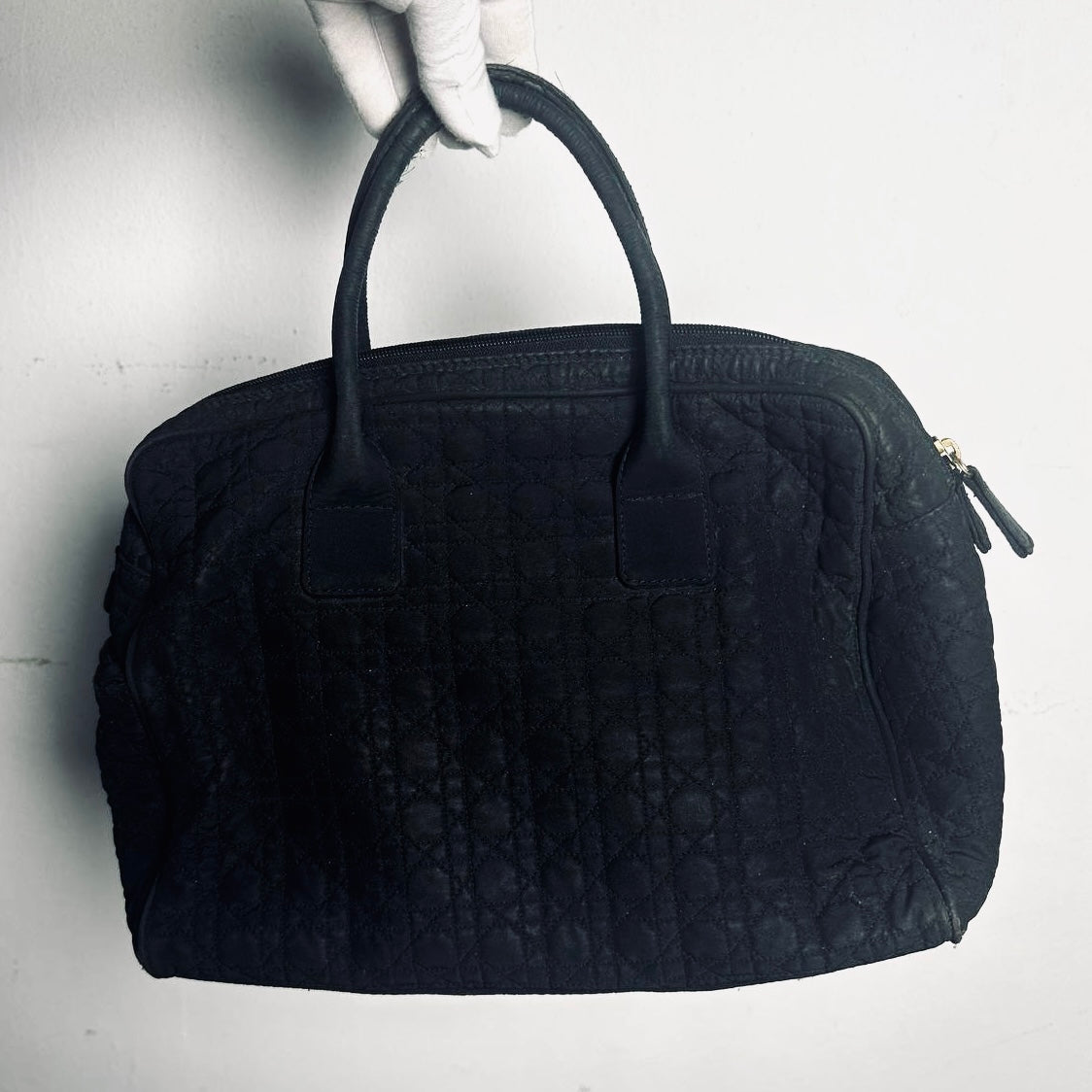 Christian Dior CD Black GHW Lady Dior Cannage Quilted Nylon Top Handle Boston Shopper Tote Bag