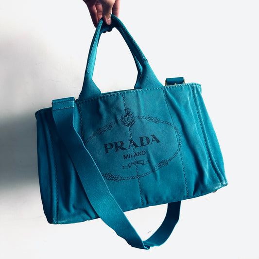 Prada Canapa Teal Blue GHW Classic Logo 2-Way Structured Shopper Shoulder Sling Tote Bag