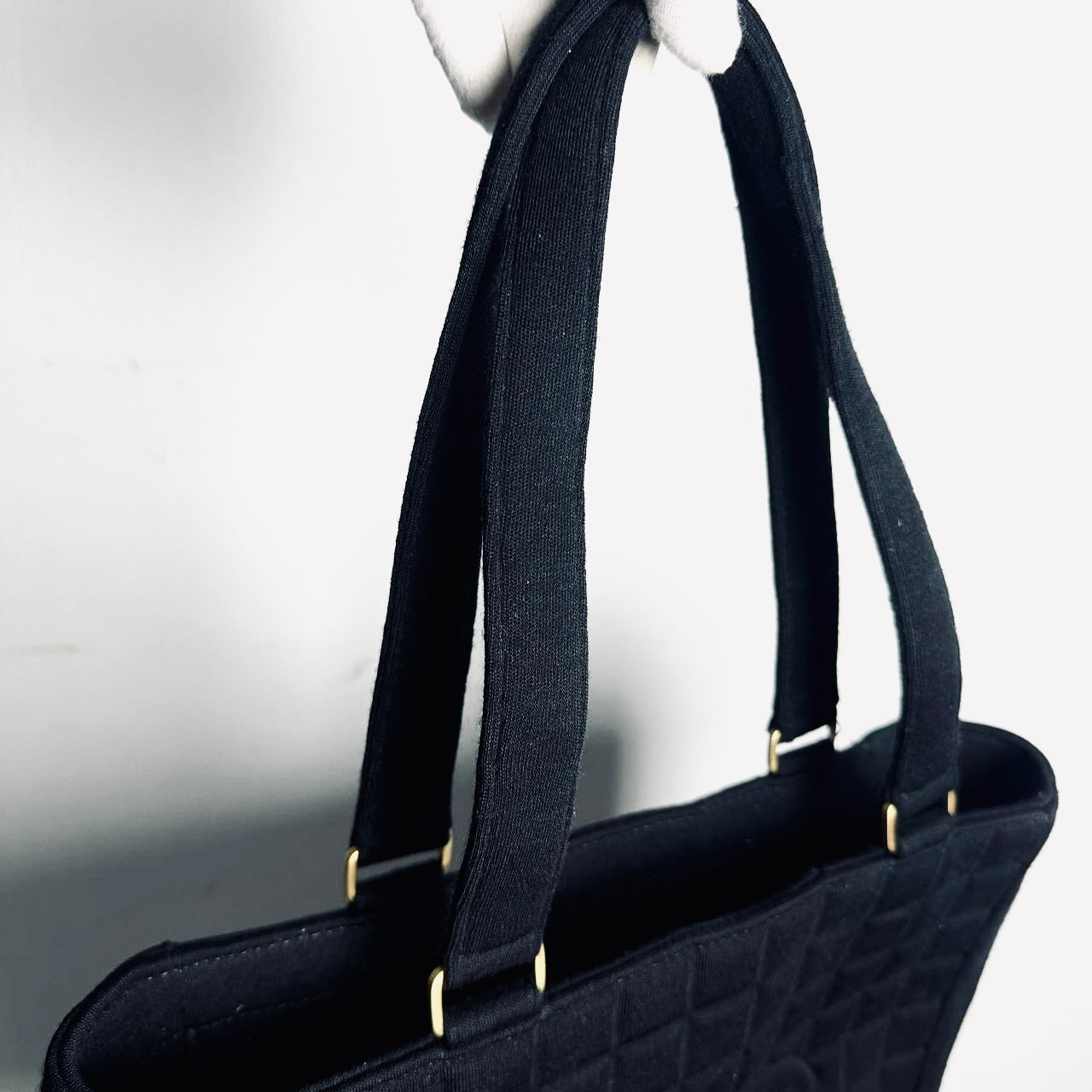 Chanel Black GHW Giant CC Monogram Logo Chocolate Bar Quilted Jersey Fabric Vintage Shopper Shoulder Tote Bag 7s