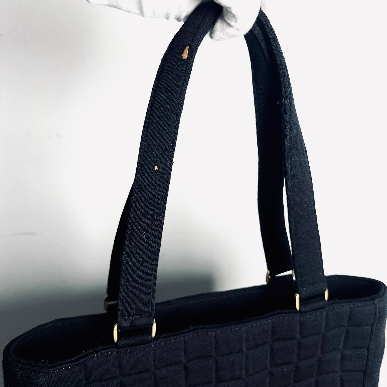 Chanel Black GHW Giant CC Monogram Logo Chocolate Bar Quilted Jersey Fabric Vintage Shopper Shoulder Tote Bag 7s