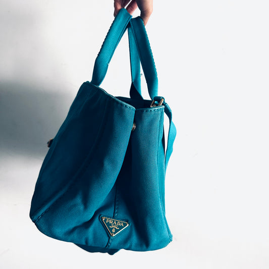 Prada Canapa Teal Blue GHW Classic Logo 2-Way Structured Shopper Shoulder Sling Tote Bag