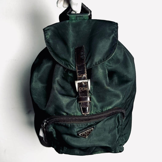 Prada Dark Green Khaki Tessuto Classic Monogram Logo Nylon & Leather Small Backpack Bag