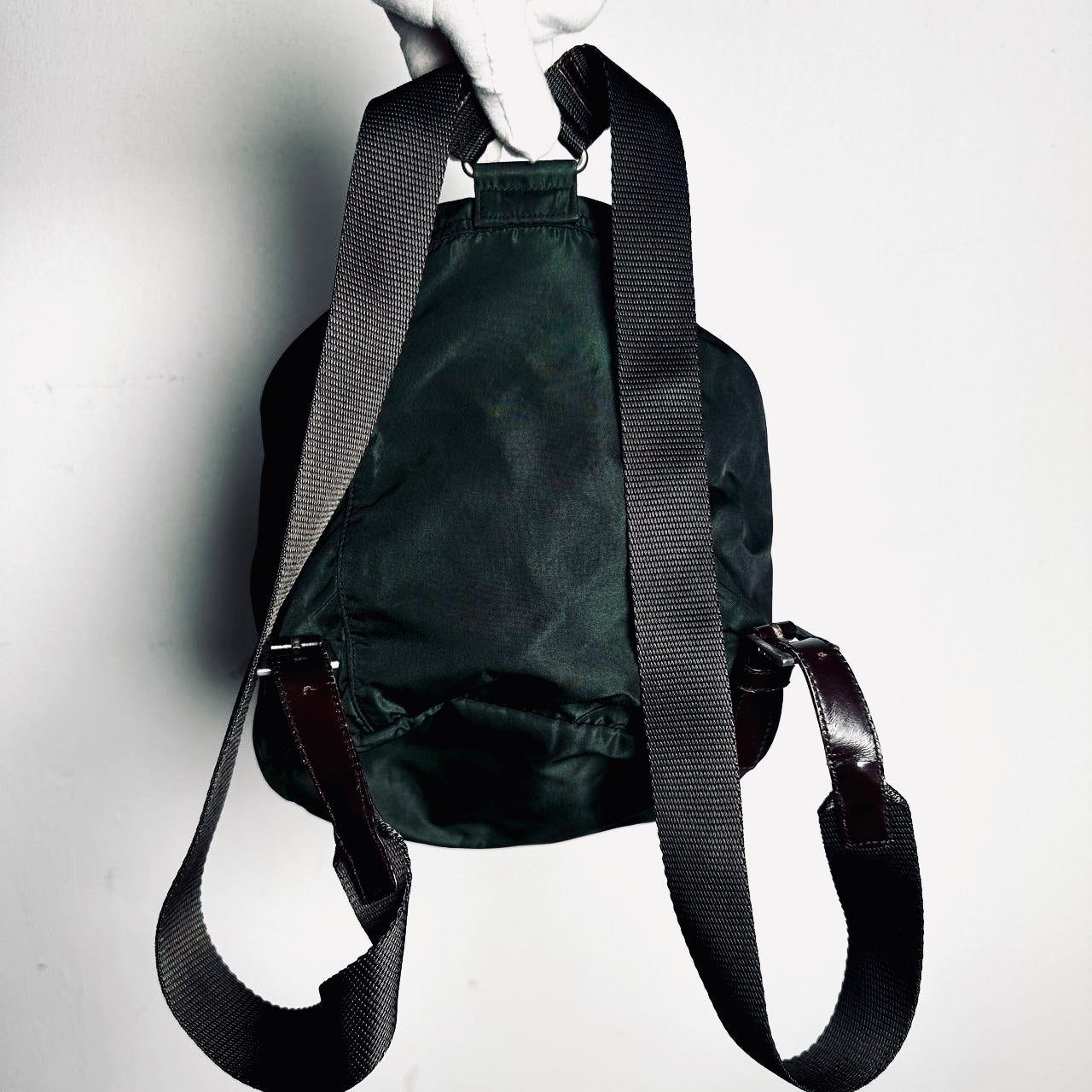 Prada Dark Green Khaki Tessuto Classic Monogram Logo Nylon & Leather Small Backpack Bag