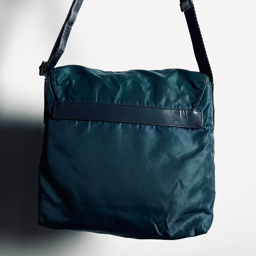Prada Teal Blue Monogram Logo Classic Tessuto Nylon & Leather Flap Shoulder Sling Bag