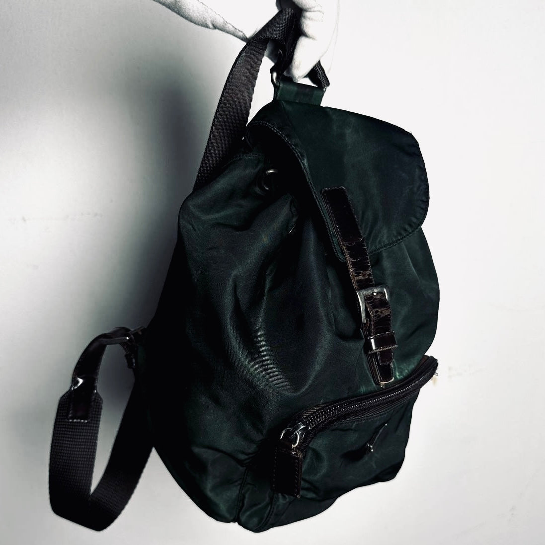 Prada Dark Green Khaki Tessuto Classic Monogram Logo Nylon & Leather Small Backpack Bag