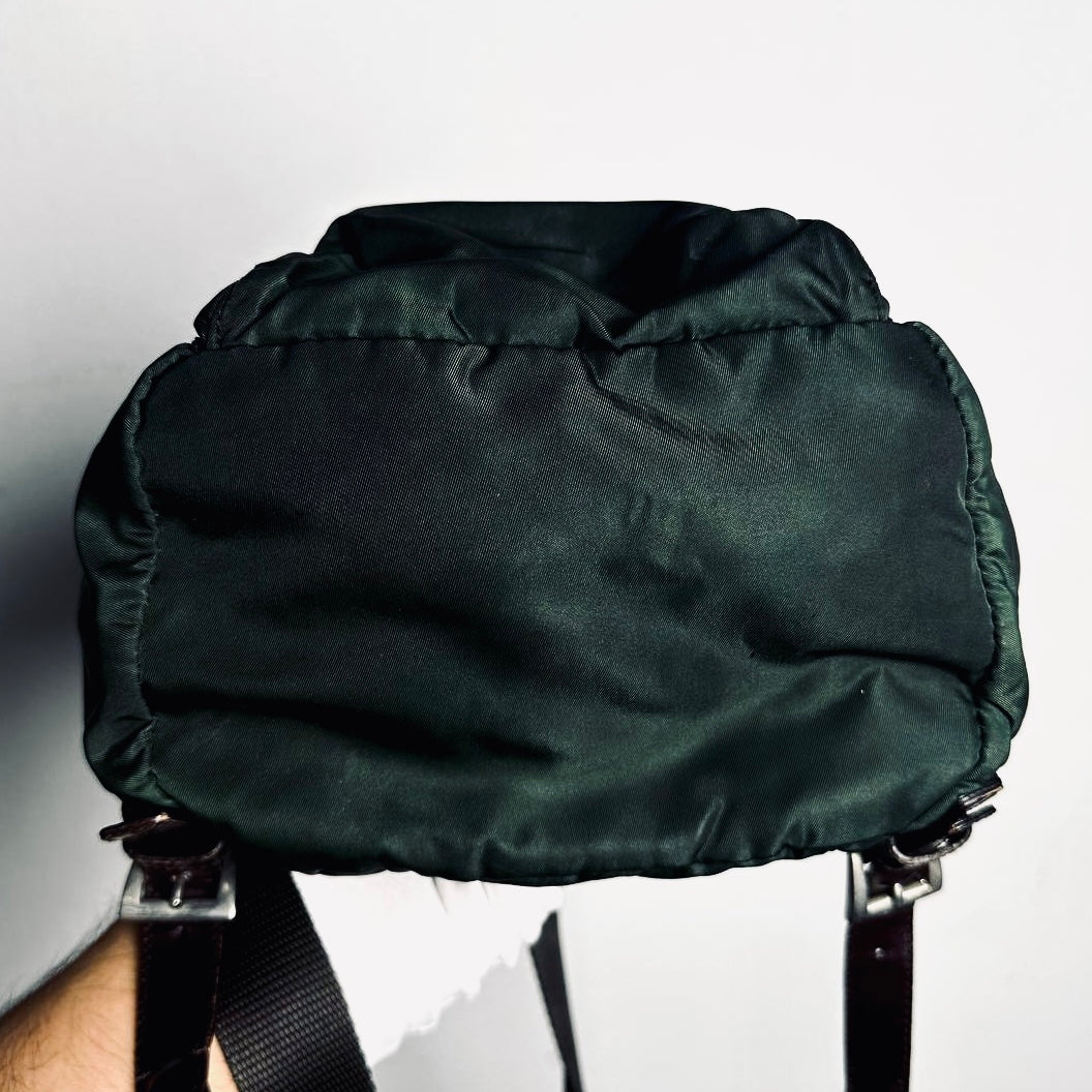 Prada Dark Green Khaki Tessuto Classic Monogram Logo Nylon & Leather Small Backpack Bag