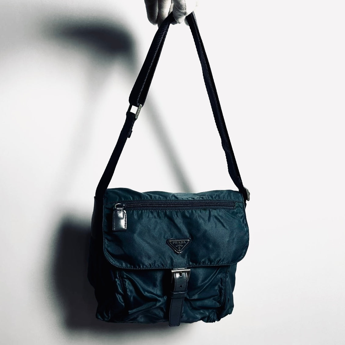 Prada Teal Blue Monogram Logo Classic Tessuto Nylon & Leather Flap Shoulder Sling Bag