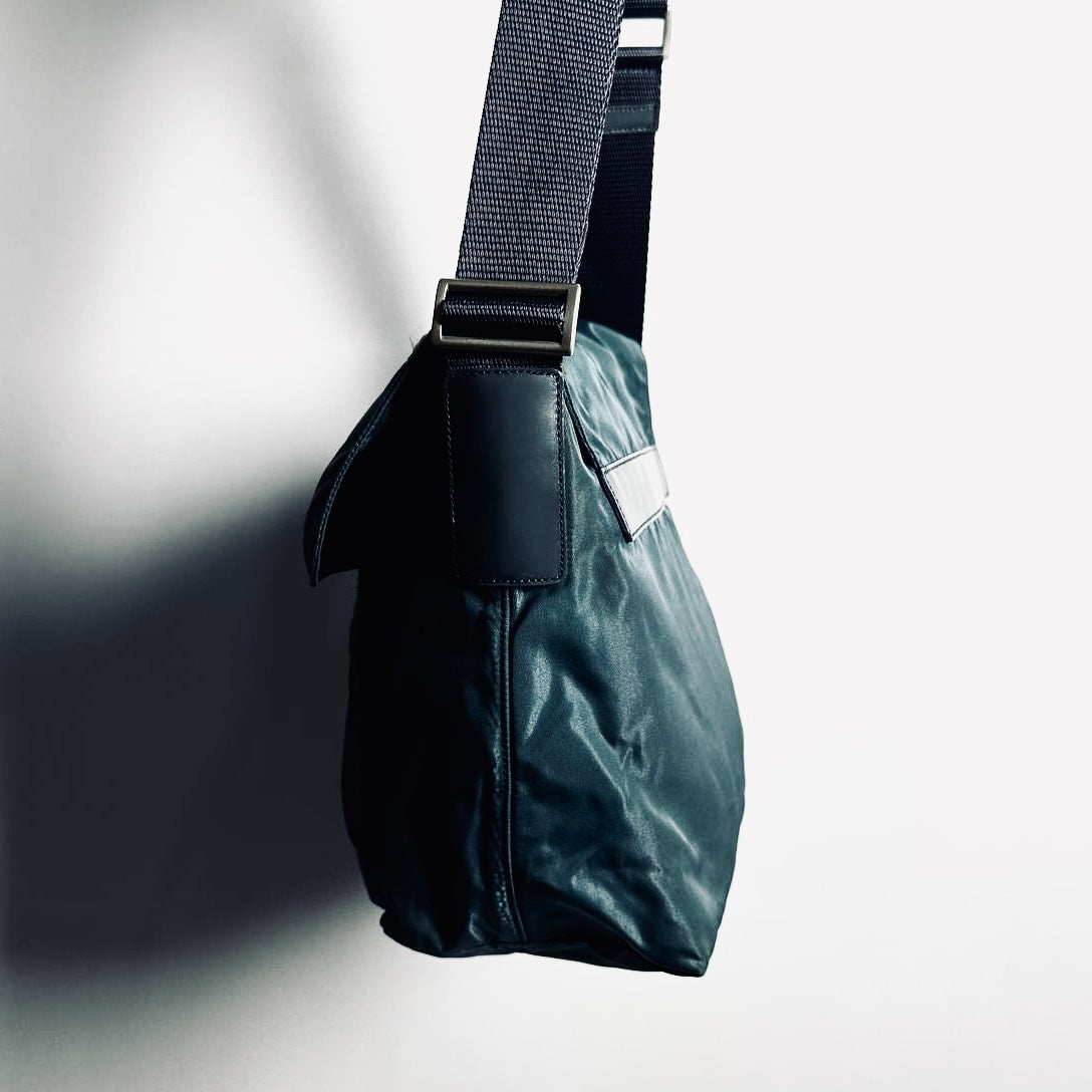 Prada Teal Blue Monogram Logo Classic Tessuto Nylon & Leather Flap Shoulder Sling Bag