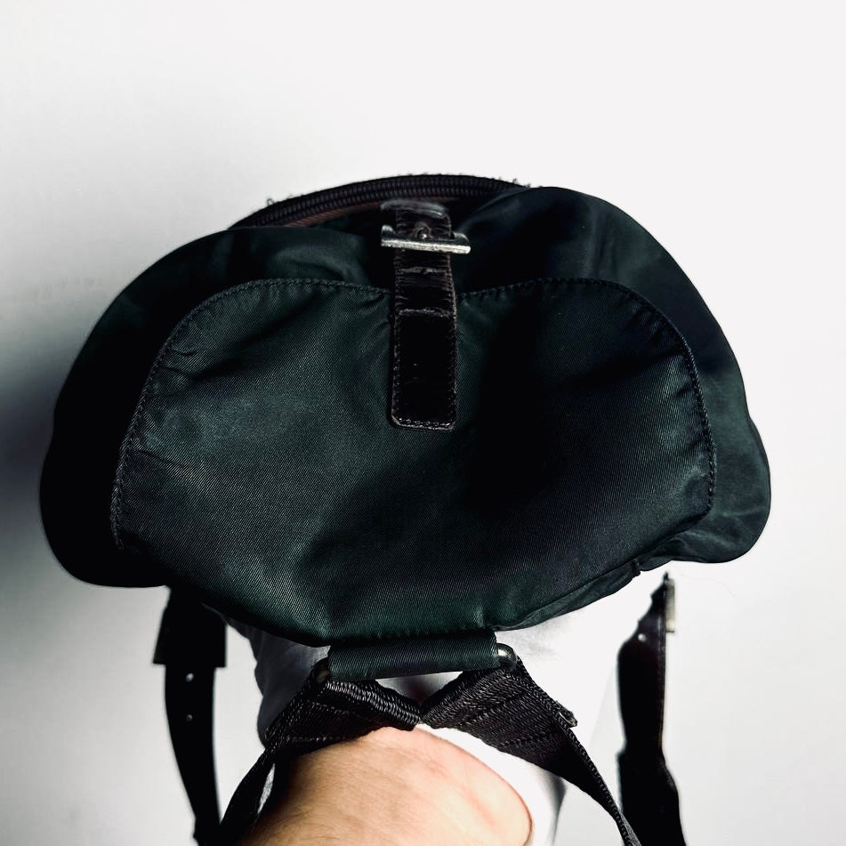 Prada Dark Green Khaki Tessuto Classic Monogram Logo Nylon & Leather Small Backpack Bag