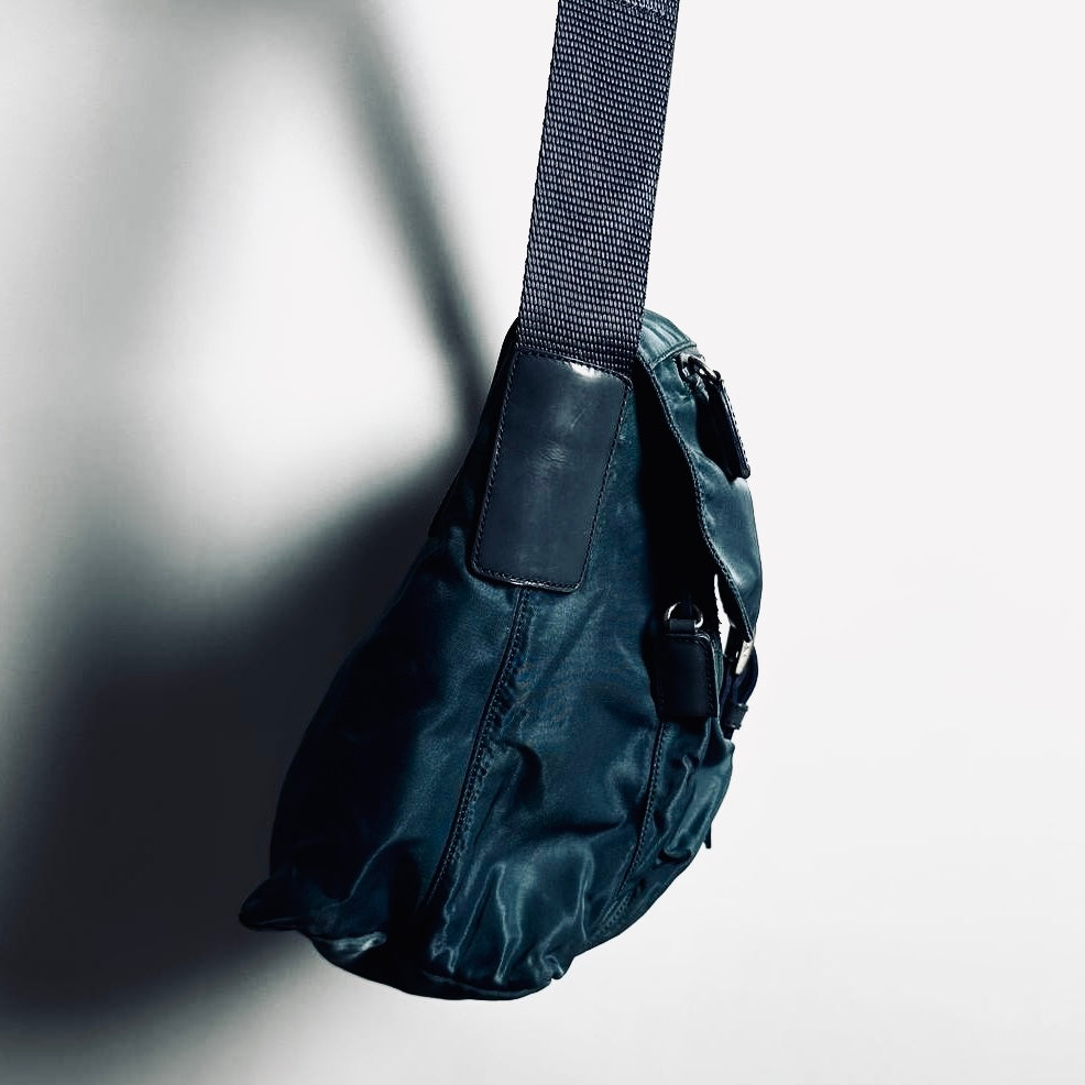 Prada Teal Blue Monogram Logo Classic Tessuto Nylon & Leather Flap Shoulder Sling Bag