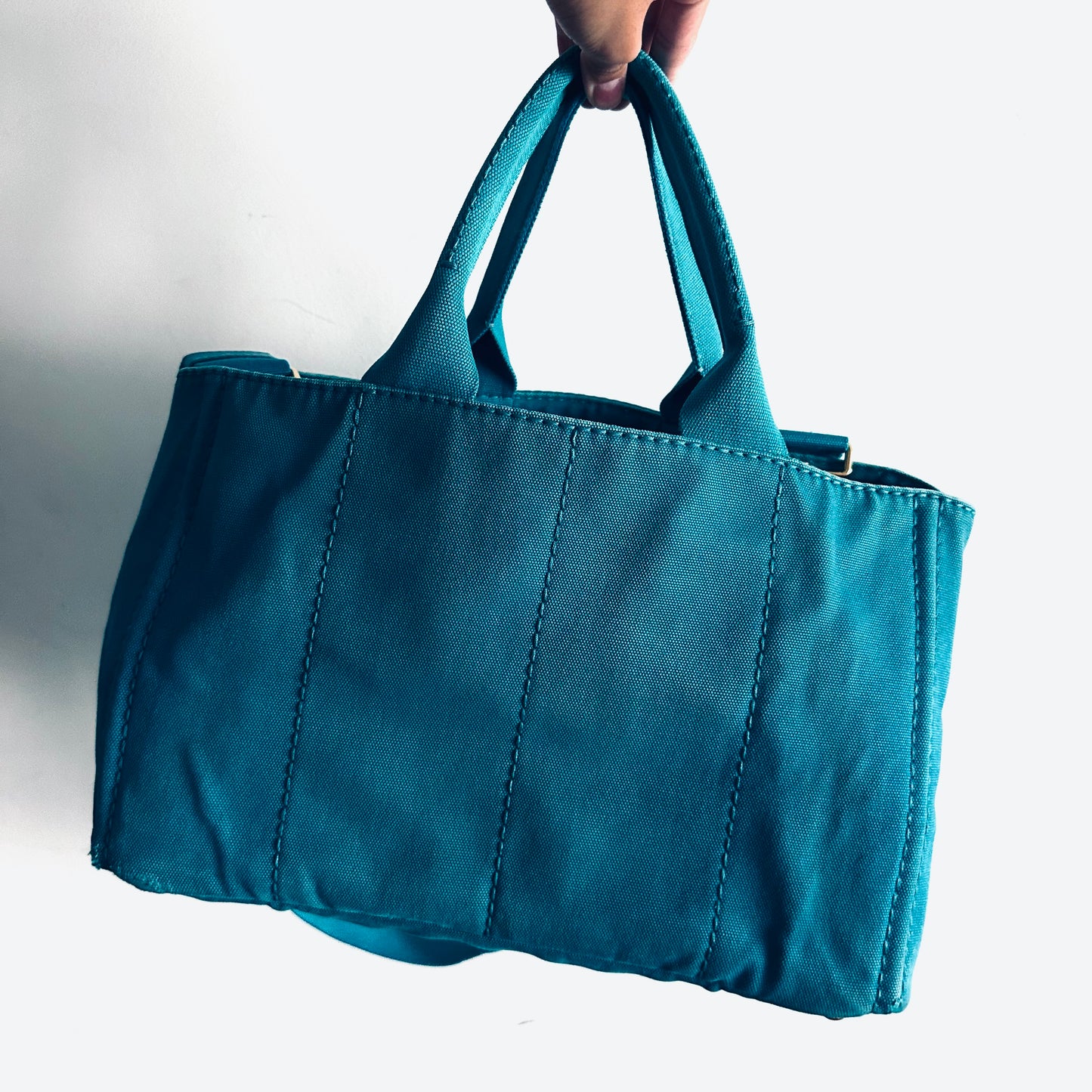 Prada Canapa Teal Blue GHW Classic Logo 2-Way Structured Shopper Shoulder Sling Tote Bag