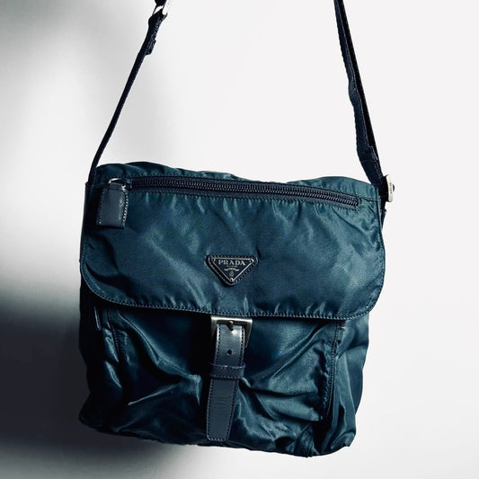 Prada Teal Blue Monogram Logo Classic Tessuto Nylon & Leather Flap Shoulder Sling Bag