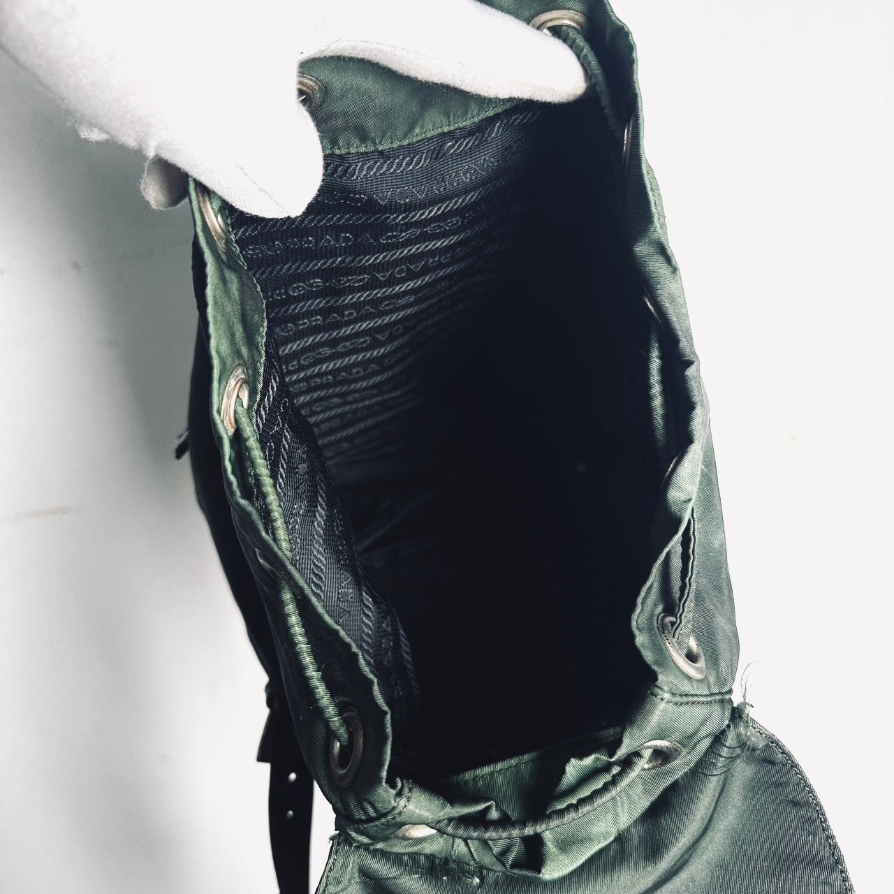 Prada Dark Green Khaki Tessuto Classic Monogram Logo Nylon & Leather Small Backpack Bag