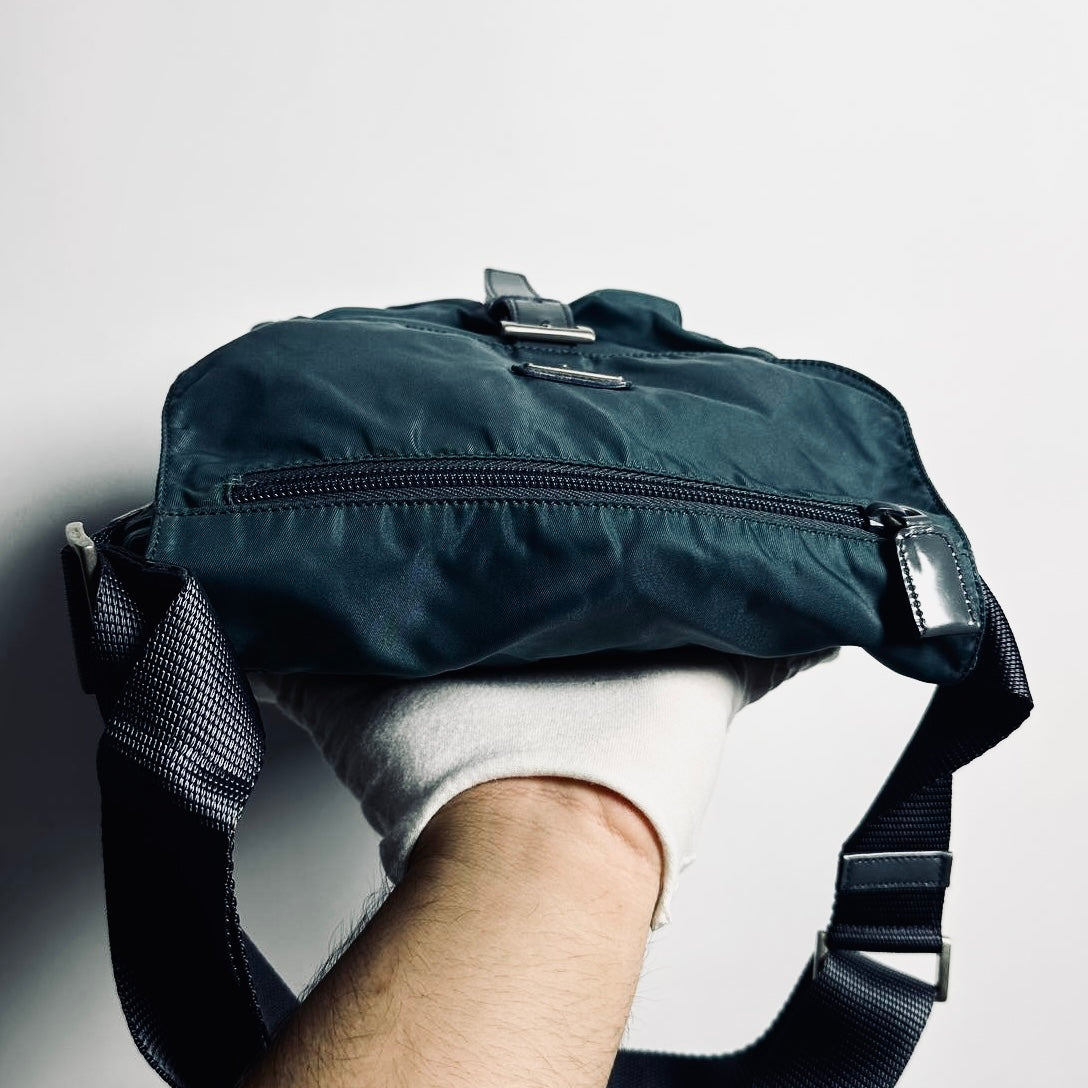 Prada Teal Blue Monogram Logo Classic Tessuto Nylon & Leather Flap Shoulder Sling Bag