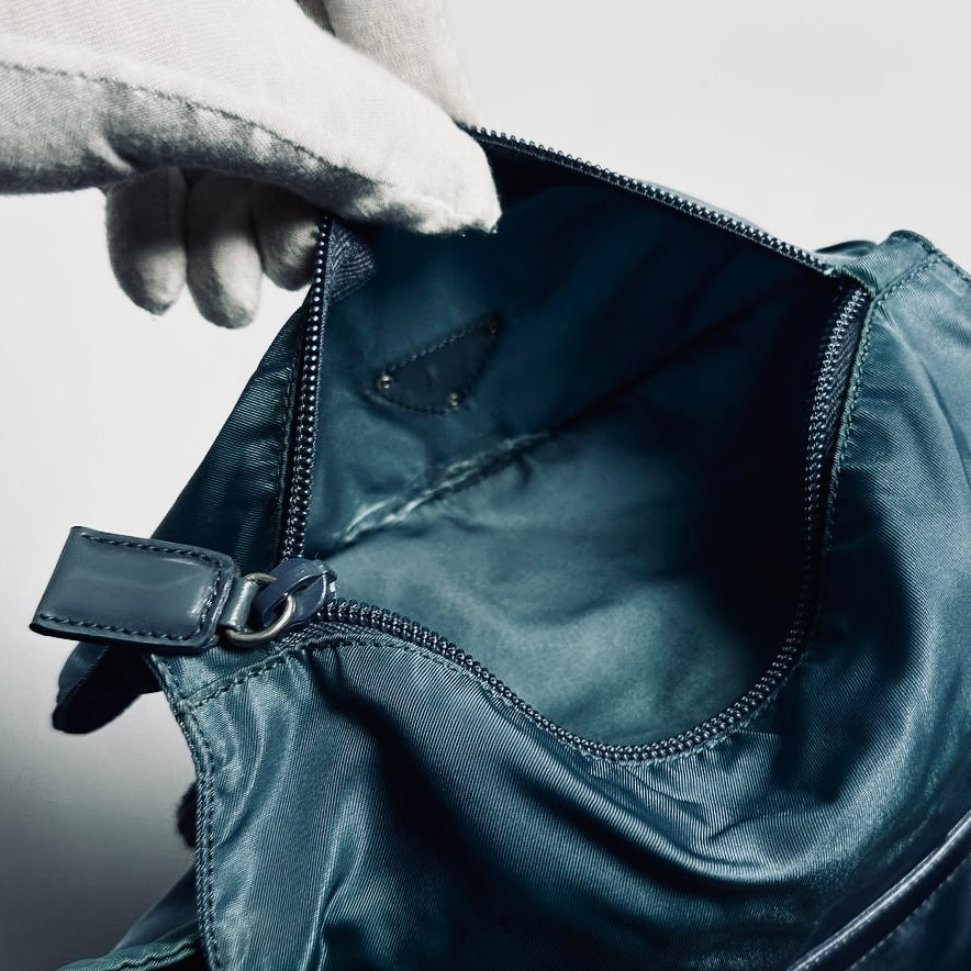 Prada Teal Blue Monogram Logo Classic Tessuto Nylon & Leather Flap Shoulder Sling Bag