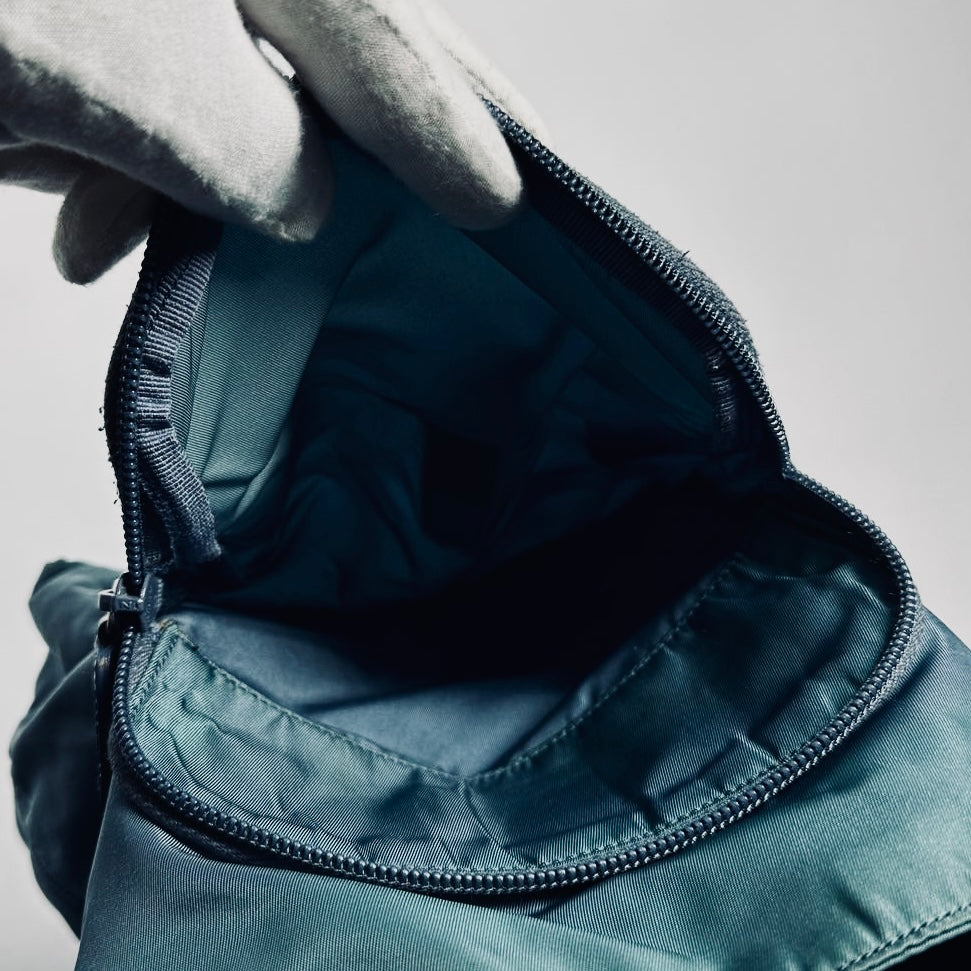 Prada Teal Blue Monogram Logo Classic Tessuto Nylon & Leather Flap Shoulder Sling Bag