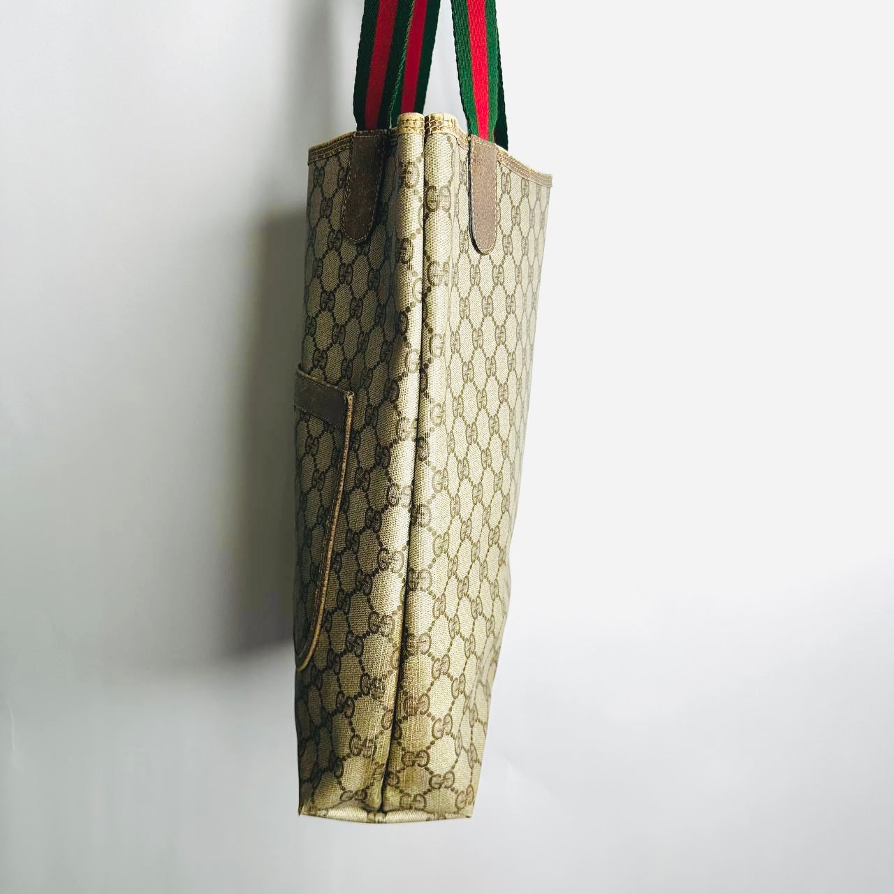 Gucci Beige Supreme Web Striped Straps GG Monogram Logo Shopper Shoulder Tote Bag
