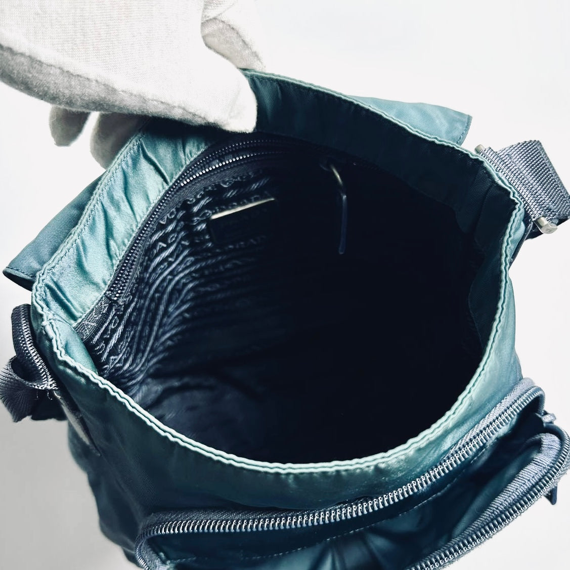 Prada Teal Blue Monogram Logo Classic Tessuto Nylon & Leather Flap Shoulder Sling Bag