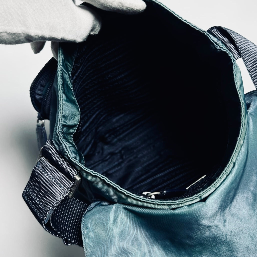 Prada Teal Blue Monogram Logo Classic Tessuto Nylon & Leather Flap Shoulder Sling Bag