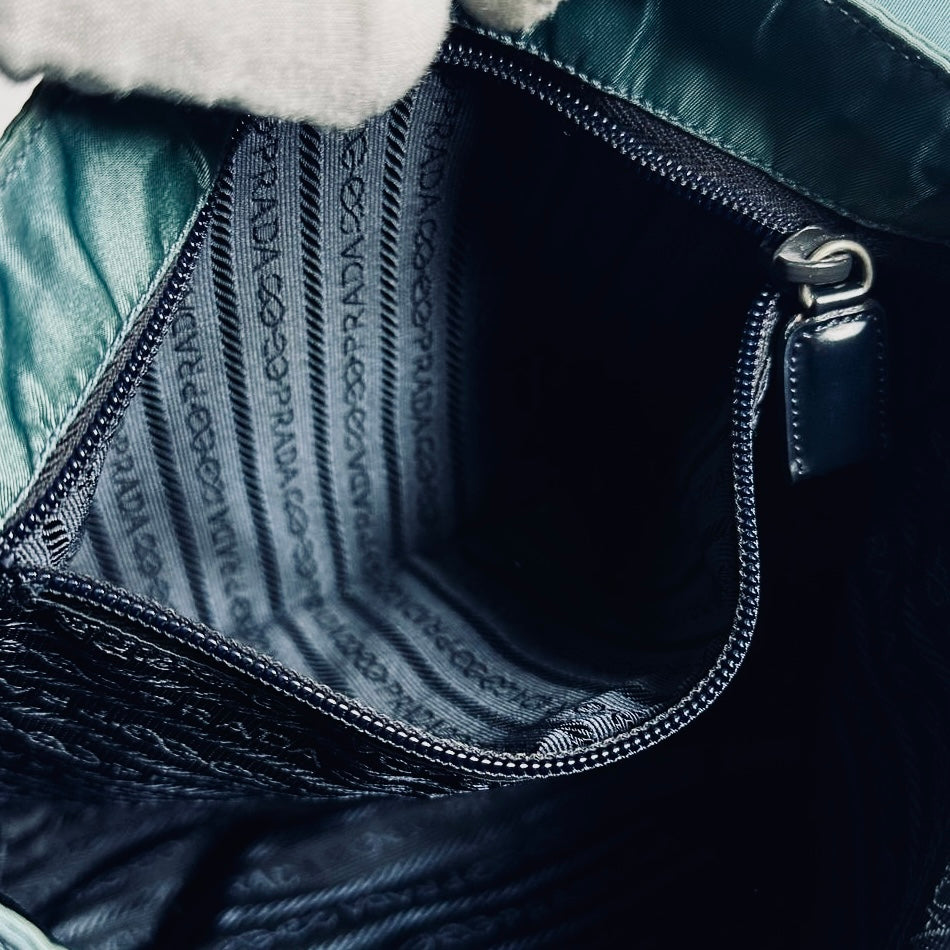 Prada Teal Blue Monogram Logo Classic Tessuto Nylon & Leather Flap Shoulder Sling Bag