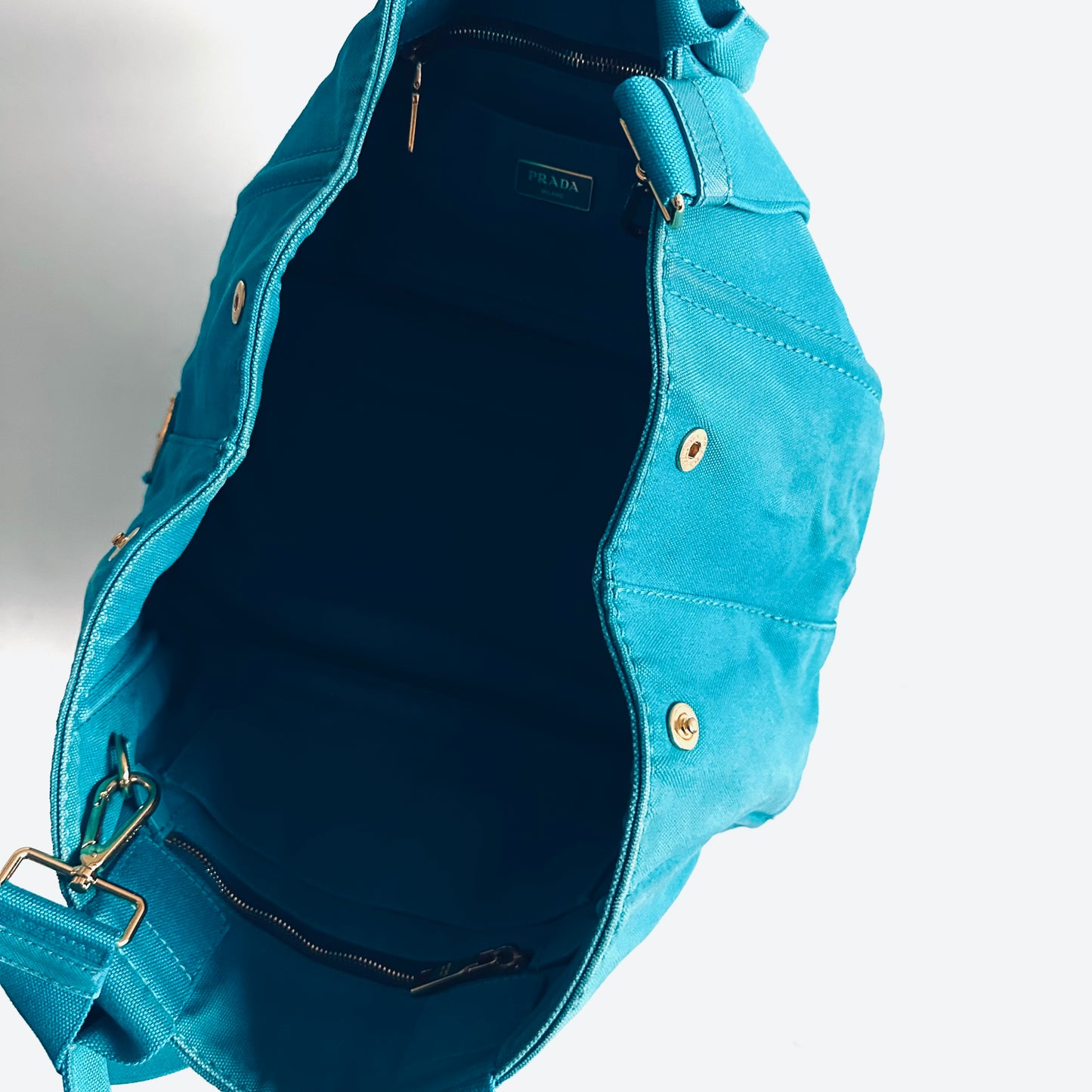 Prada Canapa Teal Blue GHW Classic Logo 2-Way Structured Shopper Shoulder Sling Tote Bag