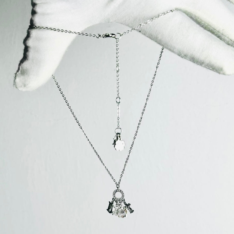 Christian Dior CD Giant Monogram Logo Charms & Clover Pendant Silver & Crystals Necklace